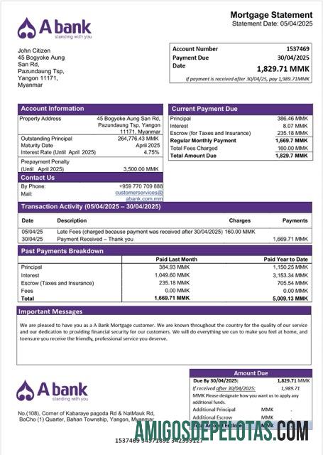 para download Modelo Word e PDF de extrato de hipoteca bancária de Mianmar A